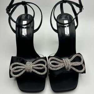 Primark Black Satin Heel Sandals Rhinestone Bow Size 5 NWOT